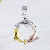 Unique Hawaiian Tri-color 3 Dolphin Necklace, Sterling Silver 3 Dolphin Charm Pendant, N9194 Birthday Wife Mom Christmas Gift