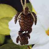 Unique Hawaiian X-Large Mom & Baby Sea Turtle Necklace, Hand Carved Genuine Koa Wood Turtle Necklace, N9110 Birthday Men Dad Valentine Gift