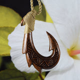 Unique Hawaiian X-Large Koa Wood Fish Hook Necklace, Hand Carved Genuine Koa Wood Fish Hook Necklace, N9135 Birthday Valentine Gift