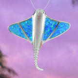 Unique Gorgeous Hawaiian Large Blue Opal Stingray Necklace, Sterling Silver Opal Sting Ray Pendant, N6154 Birthday Valentine Gift