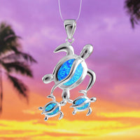 Gorgeous X-Large Mom & 2 Baby Turtle Necklace, Sterling Silver Hawaiian Blue Opal Sea Turtle Family Pendant, N6169 Birthday Valentine Gift
