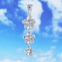 Beautiful Hawaiian 3 Plumeria Necklace, Past Present & Future, Sterling Silver 3 Plumeria Flower CZ Pendant, N6137 Birthday Mom Gift