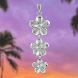 Gorgeous Hawaiian Large 3 Plumeria Necklace, Past Present & Future, Sterling Silver Plumeria Flower CZ Pendant, N6138 Birthday Mom Gift