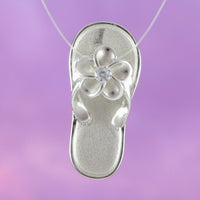 Beautiful Hawaiian Plumeria Slipper Necklace, Sterling Silver Sandal Flip-Flop CZ Charm Pendant, N6140 Birthday Valentine Wife Mom Girl Gift
