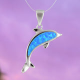 Beautiful Hawaiian Dolphin Necklace, Sterling Silver Blue Opal Dolphin Pendant, N6149 Birthday Valentine Wife Mom Girl Gift, Island Jewelry