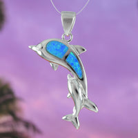 Beautiful Hawaiian Large Blue Opal  Mom & Baby Dolphin Necklace, Sterling Silver Blue Opal Dolphin Family Pendant, N6150 Birthday Mom Gift