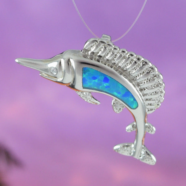 Beautiful Hawaiian Blue Opal Marlin Fish Necklace, Sterling Silver Blue Opal Swordfish Pendant, N6161 Birthday Valentine Mom Gift