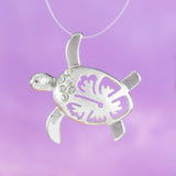 Unique Hawaiian Sea Turtle Hibiscus Necklace, Sterling Silver Turtle Hibiscus Flower CZ Pendant, N2024 Birthday Valentine Wife Mom Girl Gift
