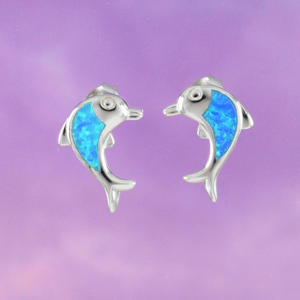 Beautiful Hawaiian Blue Opal Dolphin Earring, Sterling Silver Blue Opal Dolphin Stud Earring, E4129 Birthday Wife Mom Valentine Gift