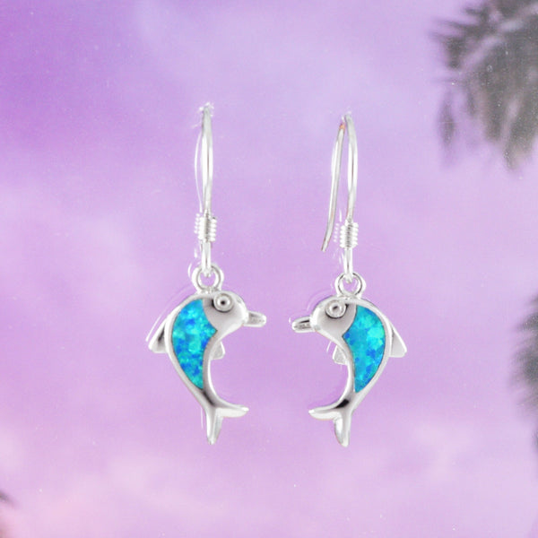Beautiful Hawaiian Blue Opal Dolphin Earring, Sterling Silver Blue Opal Dolphin Dangle Earring, E4130 Birthday Mom Valentine Gift