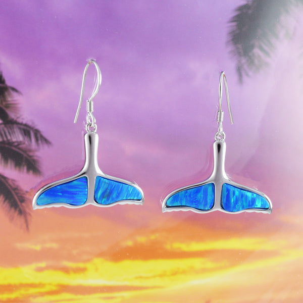 Beautiful Hawaiian X-Large Blue Opal Whale Tail Earring, Sterling Silver Opal Whale Tail Dangle Earring, E8498 Birthday Mom Valentine Gift