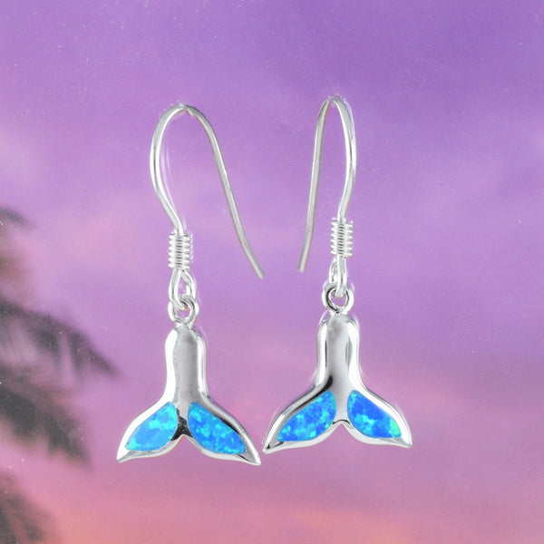 Pretty Hawaiian Blue Opal Whale Tail Earring, Sterling Silver Blue Opal Whale Tail Dangle Earring, E4024 Birthday Wife Mom Valentine Gift