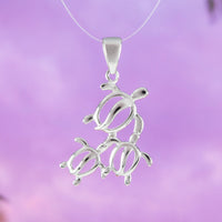 Pretty Hawaiian Mom & 2 Baby Sea Turtle Necklace, Sterling Silver 3 Turtle Pendant, N2023 Birthday Valentine Wife Mom Gift, Island Jewelry