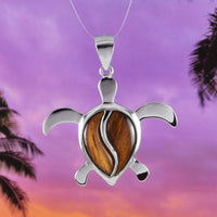 Unique Hawaiian X-Large Genuine Koa Wood Sea Turtle Necklace, Sterling Silver Koa Wood Turtle Pendant, N8504 Birthday Valentine Mom Gift