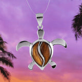Unique Hawaiian X-Large Genuine Koa Wood Sea Turtle Necklace, Sterling Silver Koa Wood Turtle Pendant, N8504 Birthday Valentine Mom Gift