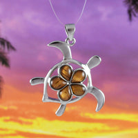 Beautiful Hawaiian Large Genuine Koa Wood Sea Turtle Necklace, Sterling Silver Koa Wood Plumeria Turtle Pendant, N8506 Birthday Mom Gift