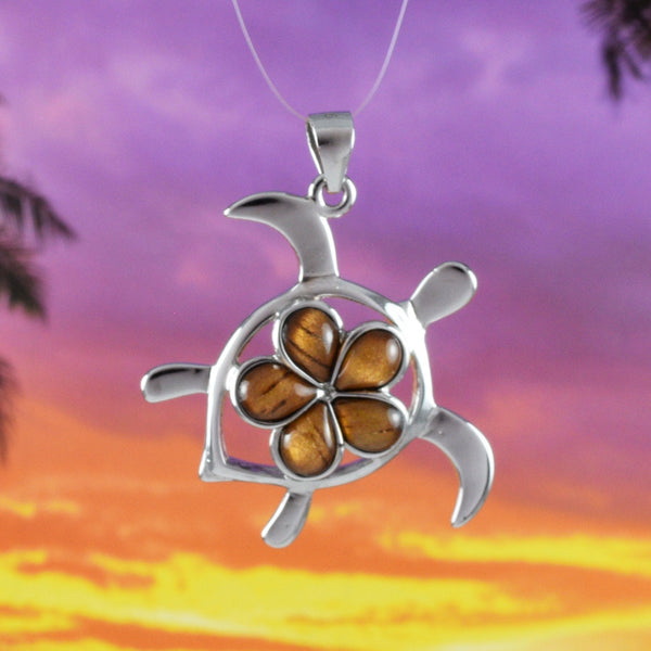 Beautiful Hawaiian Large Genuine Koa Wood Sea Turtle Necklace, Sterling Silver Koa Wood Plumeria Turtle Pendant, N8506 Birthday Mom Gift