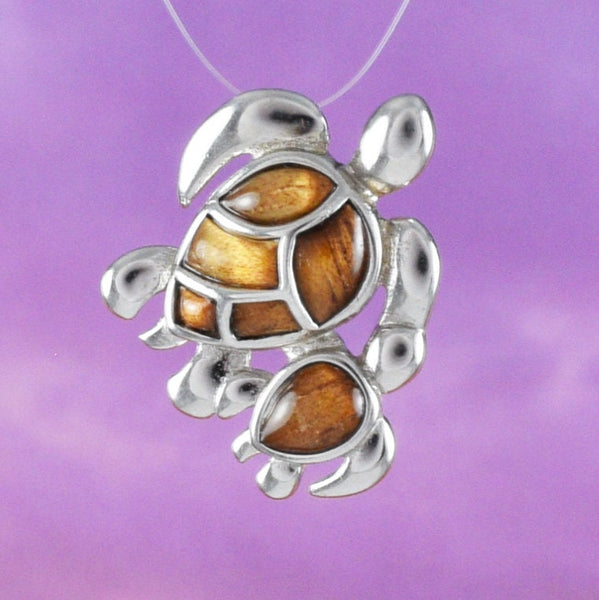 Unique Hawaiian Genuine Koa Wood Mom and Baby Sea Turtle Necklace, Sterling Silver Turtle Pendant, N8509 Birthday Valentine Wife Mom Gift