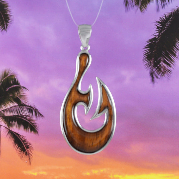 Gorgeous Hawaiian X-Large Genuine Koa Wood Fish Hook Necklace, Sterling Silver Fish Hook Pendant, N8513 Birthday Valentine Gift