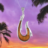 Gorgeous Hawaiian X-Large Genuine Koa Wood Fish Hook Necklace, Sterling Silver Fish Hook Pendant, N8514 Birthday Valentine Gift