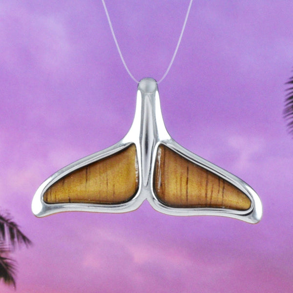 Beautiful Hawaiian Large Genuine Koa Wood Whale Tail Necklace, Sterling Silver Whale Tail Pendant, N8521 Birthday Valentine Mom Gift