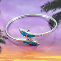 Unique Gorgeous Hawaiian Blue Opal 2 Dolphin Bangle Bracelet, Sterling Silver Blue Opal Dolphin Bracelet, B8800 Birthday Gift, Statement PC