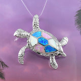 Gorgeous Hawaiian X-Large Tri-color Opal Sea Turtle Necklace, Sterling Silver Blue White Pink Opal Turtle Pendant, N8365 Birthday Mom Gift
