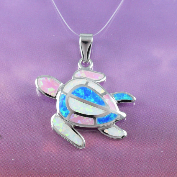 Unique Gorgeous Hawaiian Tri-color Opal Sea Turtle Necklace, Sterling Silver Blue White Pink Opal Turtle Pendant, N8367 Birthday Mom Gift