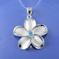 Beautiful Hawaiian Large Genuine Blue Topaz Plumeria Necklace, Sterling Silver Plumeria Flower Pendant, N8534 Birthday Valentine Mom Gift