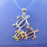 Beautiful Hawaiian Tri-color Mom & 2 Baby Sea Turtle Necklace, Sterling Silver Tri-color 3 Turtle Pendant, N8549 Birthday Valentine Mom Gift