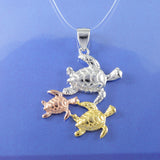 Beautiful Hawaiian Mom & 2 Baby Sea Turtle Necklace, Sterling Silver Tri-color Turtle Pendant, N8550 Birthday Valentine Mom Gift