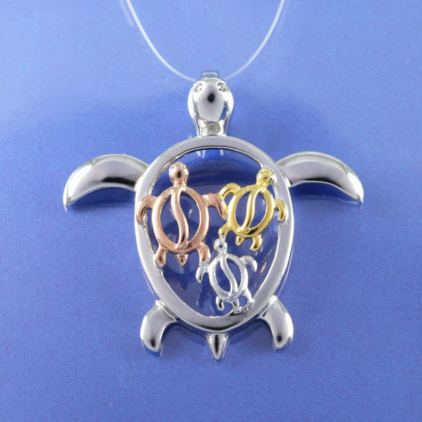 Beautiful Hawaiian Large Tri-color Sea Turtle Necklace, Sterling Silver Turtle Petroglyph Pendant, N8551 Birthday Valentine Mom Gift