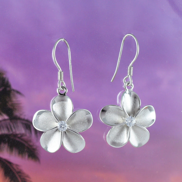 Gorgeous Large Hawaiian Plumeria Earring, Sterling Silver Plumeria Flower CZ Dangle Earring E4028 Birthday Wife Mom Valentine Gift Statement