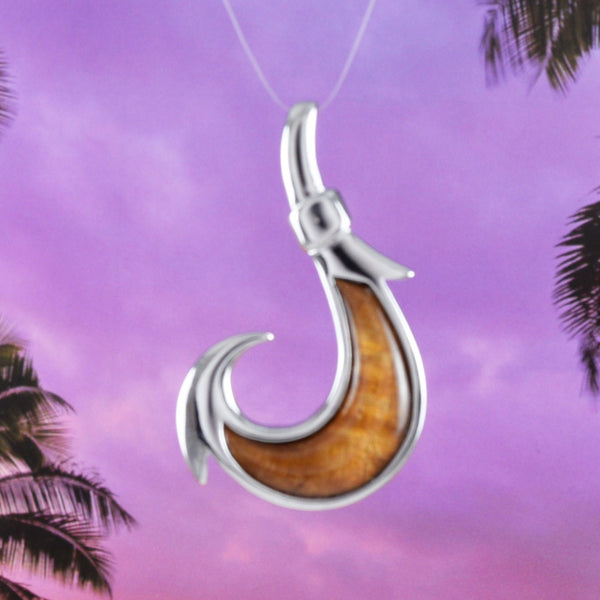 Gorgeous Hawaiian Large Genuine Koa Wood Fish Hook Necklace, Sterling Silver Fish Hook Pendant, N8515 Birthday Valentine Gift