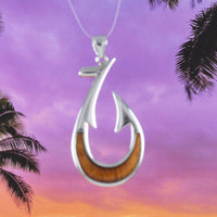 Gorgeous Hawaiian X-Large Genuine Koa Wood Fish Hook Necklace, Sterling Silver Fish Hook Pendant, N8516 Birthday Valentine Gift