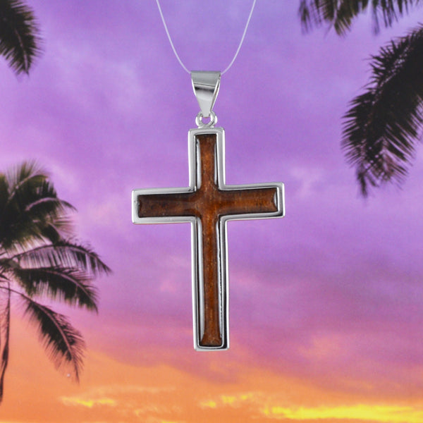 Gorgeous Hawaiian X-Large Genuine Koa Wood Cross Necklace, Sterling Silver Cross Pendant, N8517 Birthday Valentine Gift