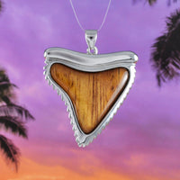 Unique Hawaiian X-Large Genuine Koa Wood Shark Teeth Necklace, Sterling Silver Shark Teeth Pendant, N8523 Birthday Valentine Wife Mom Gift