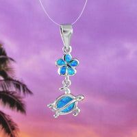 Unique Beautiful Hawaiian Blue Opal Plumeria Sea Turtle Necklace, Sterling Silver Blue Opal Plumeria Turtle Pendant, N8372 Birthday Mom Gift