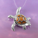 Unique Hawaiian Large Genuine Koa Wood Sea Turtle Necklace, Sterling Silver Koa Wood Turtle Pendant, N8502 Birthday Valentine Wife Mom Gift