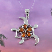Beautiful Hawaiian X-Large Genuine Koa Wood Sea Turtle Necklace, Sterling Silver Koa Wood Plumeria Turtle Pendant, N8505 Birthday Mom Gift