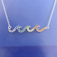 Unique Hawaiian Rainbow Ocean Wave Necklace, Sterling Silver Multi-Color Stone Wave Necklace, N8542 Birthday Mom Valentine Gift