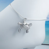 Beautiful Hawaiian Large Sea Turtle Hibiscus Anklet or Bracelet, Sterling Silver Turtle Hibiscus CZ Charm Bracelet, A6025 Birthday Mom Gift