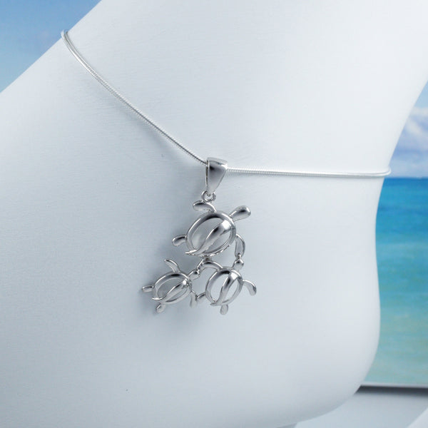 Unique Hawaiian Large Mom & 2 Baby Turtle Anklet or Bracelet, Sterling Silver Sea Turtle Family Charm Bracelet, A6026 Birthday Mom Gift