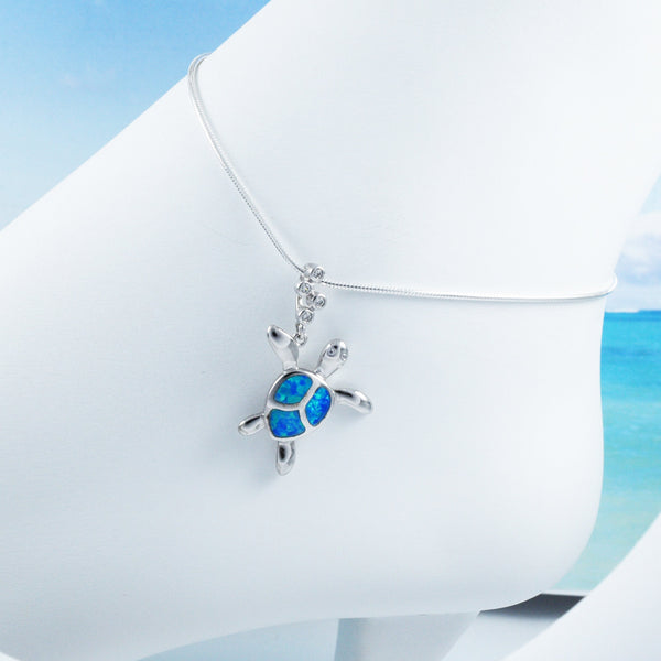 Beautiful Hawaiian Large Blue Opal Sea Turtle Anklet or Bracelet, Sterling Silver Opal Turtle Charm Bracelet, A6158 Birthday Valentine Gift