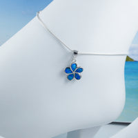 Pretty Hawaiian Blue Opal Plumeria Anklet or Bracelet, Sterling Silver Blue Opal Plumeria Charm Bracelet, A2018 Birthday Mom Valentine Gift