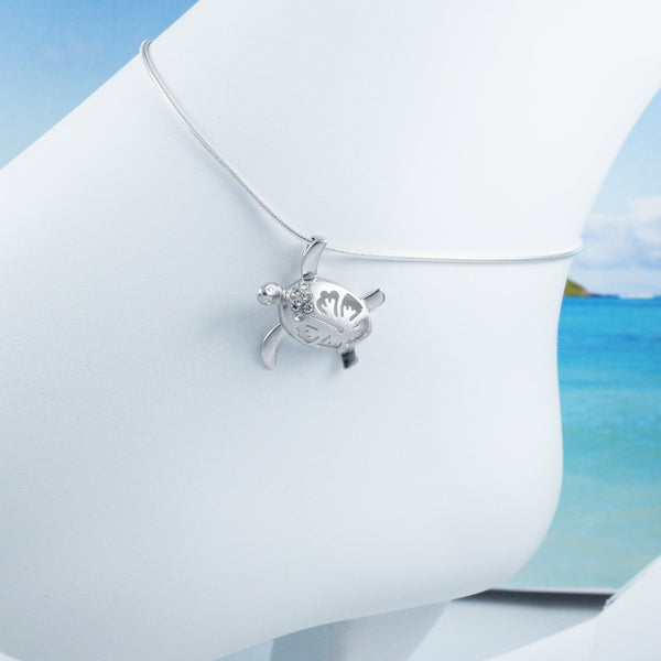 Beautiful Large Hawaiian Sea Turtle Hibiscus Anklet or Bracelet, Sterling Silver Turtle Hibiscus CZ Charm Bracelet, A2024 Birthday Mom Gift