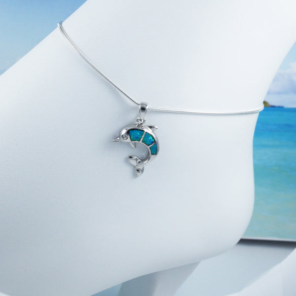 Beautiful Hawaiian Blue Opal Dolphin Anklet or Bracelet, Sterling Silver Blue Opal Dolphin Charm Bracelet, A2025 Birthday Valentine Mom Gift