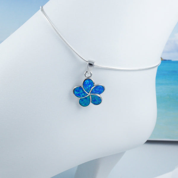 Beautiful Hawaiian Blue Opal Plumeria Anklet or Bracelet, Sterling Silver Opal Plumeria Charm Bracelet, A2032 Birthday Mom Valentine Gift