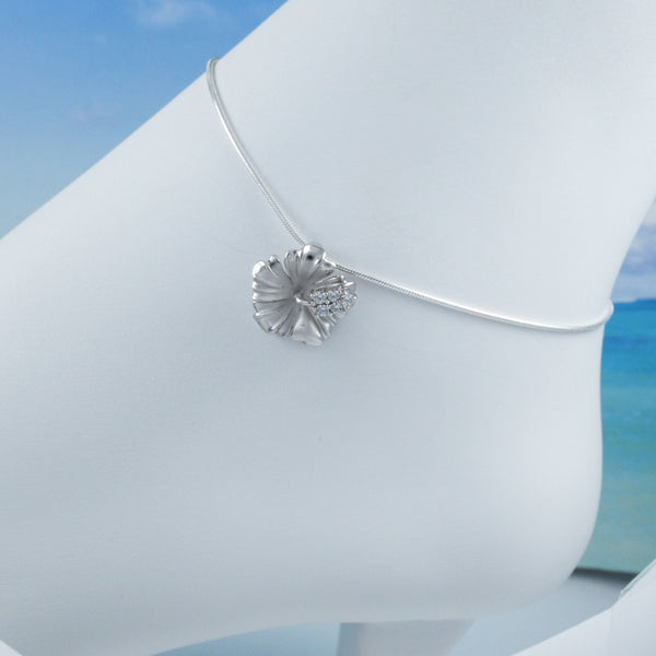 Beautiful Hawaiian Hibiscus Anklet or Bracelet, Official Hawaii State Flower, Sterling Silver Hibiscus CZ Charm Bracelet A6133 Birthday Gift