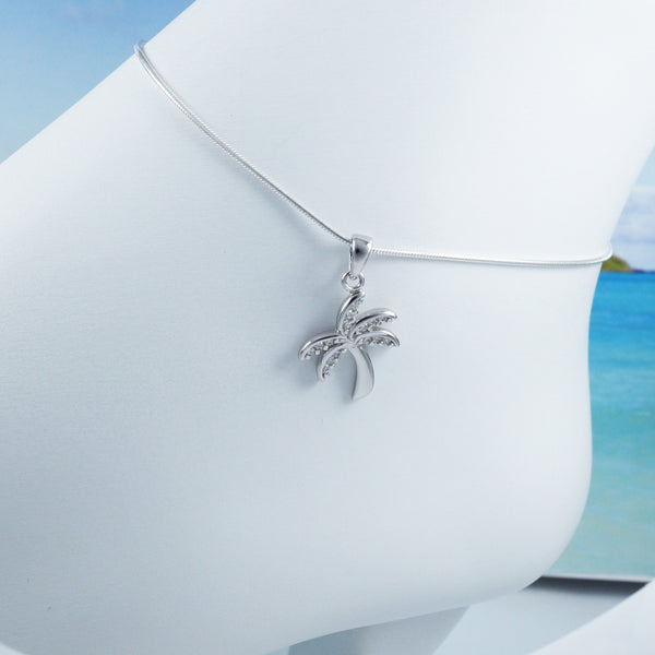Pretty Hawaiian Palm Tree Anklet or Bracelet, Sterling Silver Palm Tree CZ Charm Bracelet, A2016 Birthday Mom Wife Girl Valentine Gift